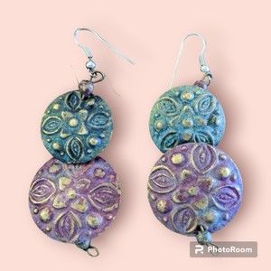 Vintage Womens Pierced Earrings Red Green Gold Aztec Look Metal Party Date Prom